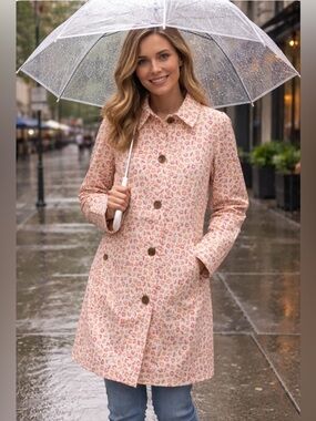 Women’s Lands’ End pink & orange floral trench coat trending fall 2025